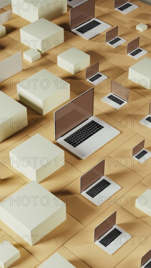 Multiple laptops rest on a geometric background made of tiles, showcasing a modern and abstract design