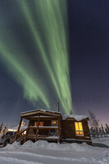 Northern Lights, Aurora borealis, wooden house, cabin, moonlight, winter, snow, Inuvik, Northwest Territories, Canada