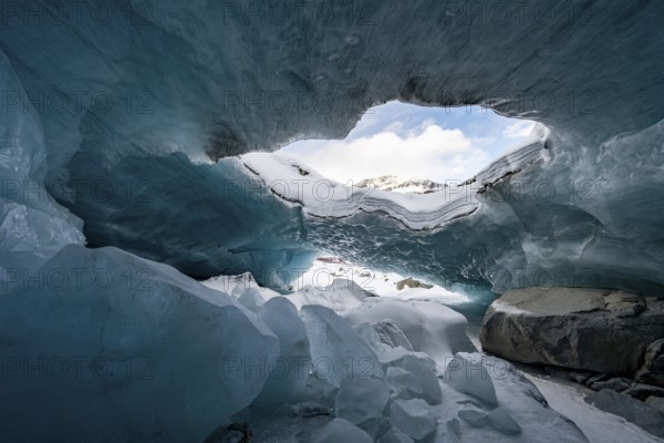 Glacier cave, ice cave, Morteratsch Glacier, Engadin, Graubünden, Switzerland