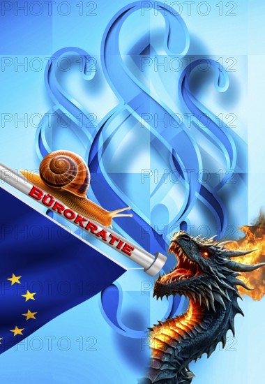 Symbolic photo, snail moving in the flood of laws, government kite eating European Union, digitization of administration, jumbled paths, outdated processes, dusty authorities, business-to-government market, old-style offices, antiquated filing, analog expression, future fields of data processing, Germany digitally relinquished, politics must deliver, bureaucracy jumble threatening the EU and Germany, EU Parliament Brussels, Flood of paragraphs, European Union, jumble of laws, digitally suspended, permanently new laws without meaning