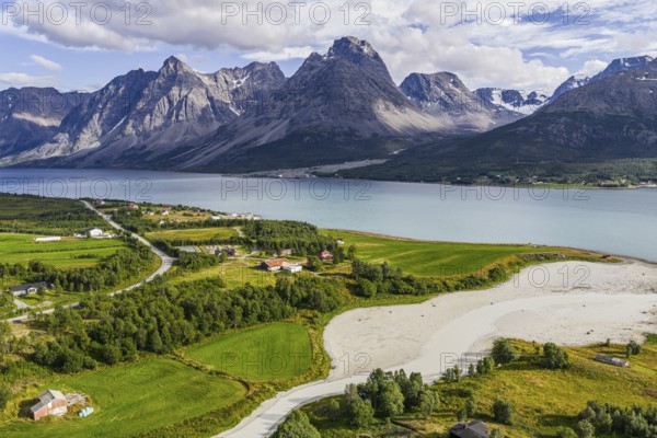 Aerial view over Lyngen Alps south of Svensby, Lyngen peninsula, Norway