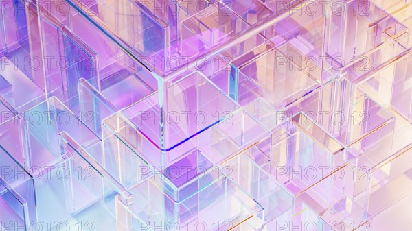 Translucent cubes in varying sizes form a sophisticated abstract background, combining colors and shapes that convey a sense of modern technology