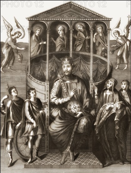 Charles the Bald, 823 – 877, emperor of the Carolingian Empire, sitting on his throne