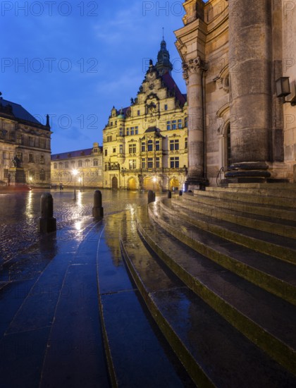 House of Estates, Procession of Princes, Georgentor and Court Church on Schlossplatz during rain, Dresden, Saxony, Germany