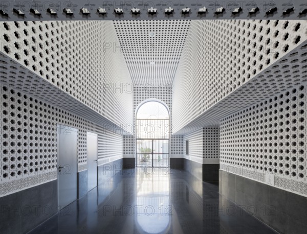 Auditorium hallway with intricate geometric wall patterns and glossy reflective floor, leading to a large window, creating an airy and sophisticated ambiance