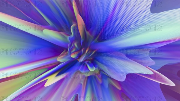 3D extrusions with holographic colors, creating a dynamic and visually captivating effect. The intertwining shapes flow seamlessly, highlighted by a spectrum of radiant hues that enhance the depth and complexity of the composition