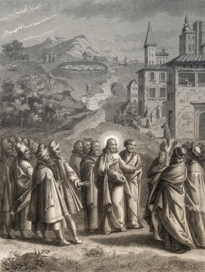 The Parable of the Lost Sheep, New Testament, steel engraving 1853, digitally restored