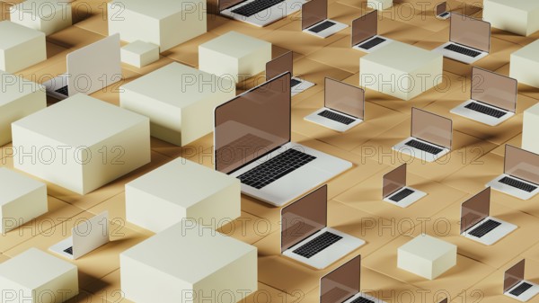 Rows of laptops rest on light geometric blocks, creating an abstract tech backdrop