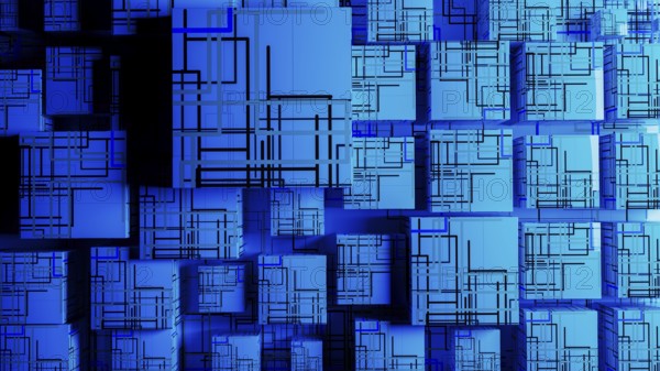 Vibrant abstract background showcases interconnected cubes, representing technology and data in a digital landscape