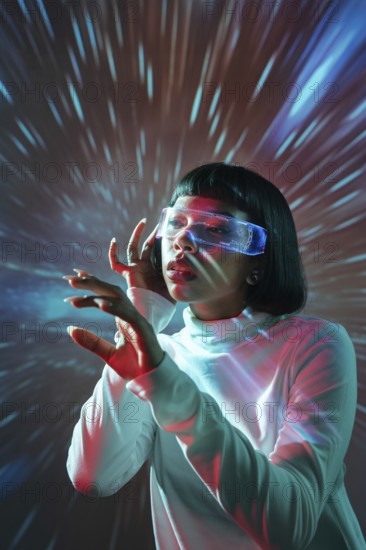 A Latin woman wearing virtual reality glasses is immersed in a digital experience, surrounded by dynamic lights and futuristic visuals, embodying the essence of modern technology