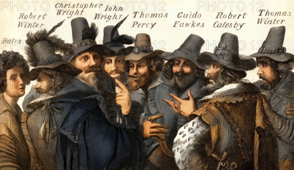 Eight of the thirteen conspirators, Guy Fawkes, Gunpowder Plot, 1605, London, England, United Kingdom