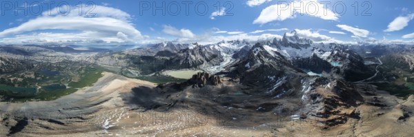Aerial view, epic panorama, large glaciers, glacial lakes Lago de los Tres Laguna Sucia and Laguna Torre, mountains and peaks of Monte Fitz Roy and Cerro Torre, Fitz Roy mountain range, Cerro Chalten, Los Glaciares National Park, Patagonia, Santa Cruz Province, Argentina