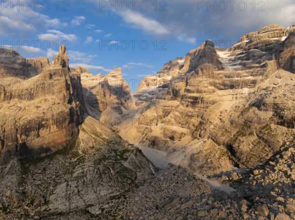 Evening at Refugio Francis Fox Tuckett, alpine panorama, aerial view, impressive mountain peaks of the Brenta Mountains, Brenta, Brenta-Adamello Natural Park, Trentino, Italy