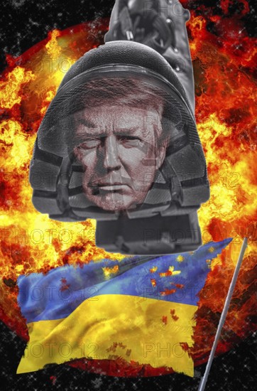 Symbolic image, Trump kicks the Ukrainian flag, US democracy in danger, EU and Germany under political pressure, industry, Donald Trump, tariff threats, Elon Musk, Mark Zuckerberg, social networks, fake news, rights broken, hate, hate speech, DSG Digital Services Act, re-election, USA, politics, announcements, vendetta, wanted dictator, Republicans, US electoral system, global danger, lies, 2nd term, global burden, Ukrainian war, storm White House