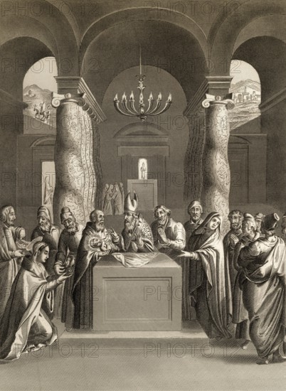 The Purification of Jesus, steel engraving, 1853, digitally restored