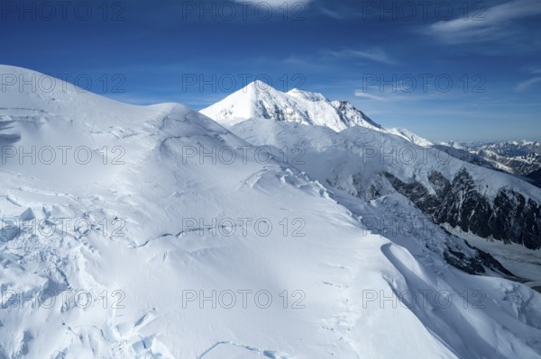 Mt Denali or Mount McKinley with glacier, aerial view, Alaska Range, Denali National Park, Alaska, USA