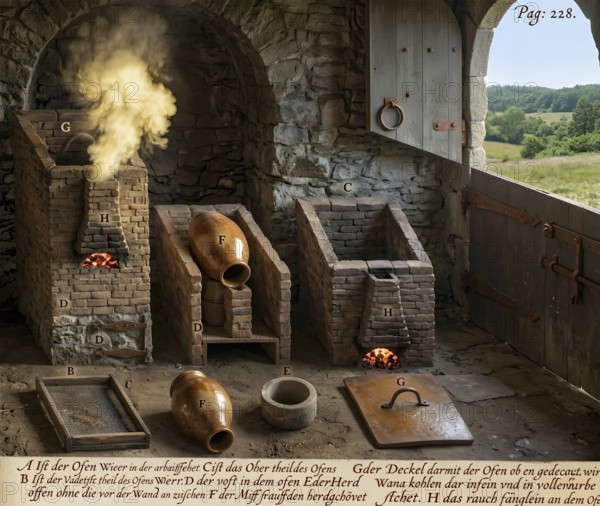 Experimental methods for researching salts and mineral acids according to Glauber, historical illustration, digitally processed, drug, disease, Glauber salt, doctor, constipation, laxative, historical figure, Johann Rudolph Glauber, pharmacist, alchemist, chemist