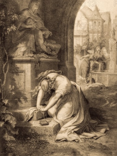 Gretchen calls Our Lady of Sorrows to help her, first part of the tragic play Faust by Johann Wolfgang von Goethe, after Wilhelm von Kaulbach