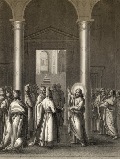 Render unto Caesar, the Tribute Money, Pharisees try to trap Jesus, steel engraving 1853, digitally restored