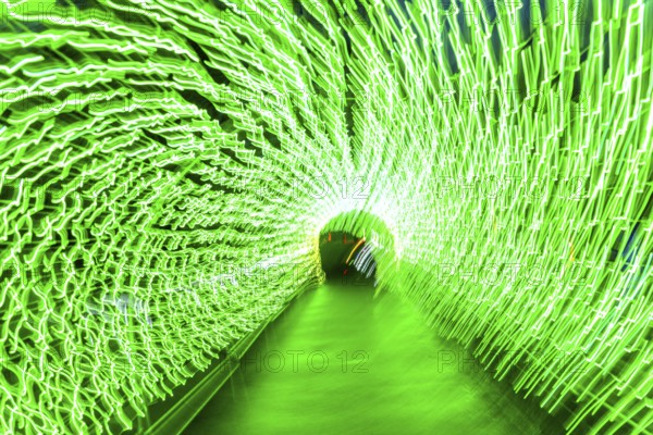 Light, tunnel, in motion, light tunnel, changes light color, light installation at park lights in Gruga Park in Essen