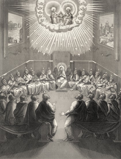 The Day of Pentecost, the descent of the Holy Spirit upon the Apostles, Steel engraving 1853, digitally restored