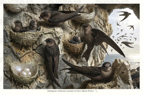 Display board Salangane, Salanganes (Collocaliini), bird, swiftlets, edible bird nests, breeding, nest building, bird feasting, breeding colony, historical illustration, digitally processed
