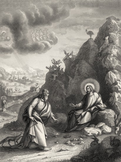 The temptation of Christ, Judaean Desert, Steel engraving 1853, digitally restored