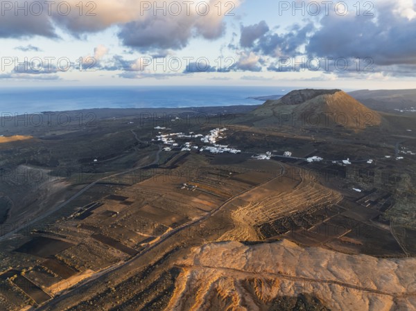 Volcán de la Corona in evening light, aerial view, at sunset, Lanzarote, Canary Islands, Spain