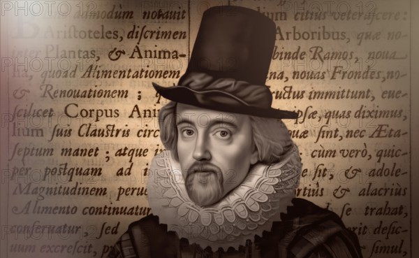 Portrait of Sir Francis Bacon, 1561 - 1626, English lawyer, statesman, essayist, historian, intellectual reformer, philosopher and scientist, text from his book ‘Historia vitae et mortis‘