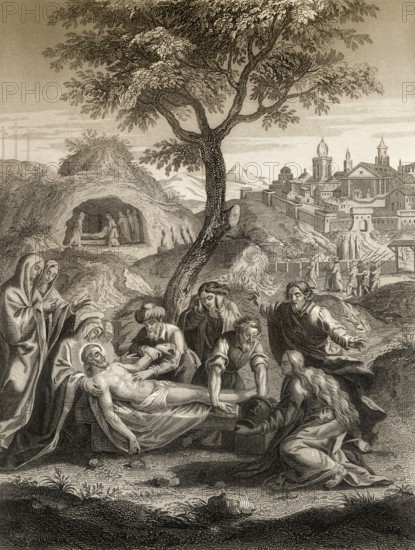 The Burial of Jesus, New Testament, steel engraving 1853, digitally restored