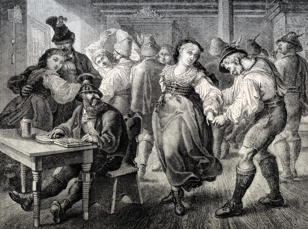 Folk dance in a pub, Bavaria, Germany, 19th Century