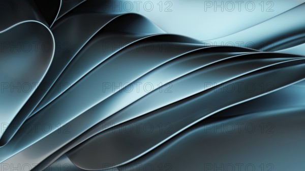 Abstract digital artwork with fluid metallic waves creating elegant, flowing shapes in shades of blue and silver in 3D. The smooth curves evoke a sense of calm and sophistication