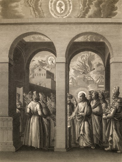 Pharisees try to trap Jesus, New Testament, steel engraving 1853, digitally restored