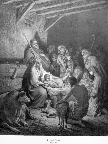 Birth of Jesus, Luke, chapter 2, verse 16, shepherds, stable, Mary and Joseph, crib, lamb, beef, manger, happiness, praying, men, woman, glorific, Christian religion, Bible, New Testament, steel engraving Doré, historical illustration 1885