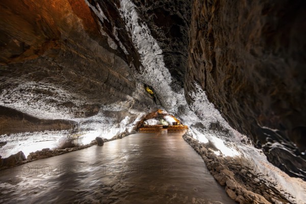 Underground cave formed by lava flow, illuminated lava cave, Cueva de los Verdes, Lanzarote, Canary Islands, Spain