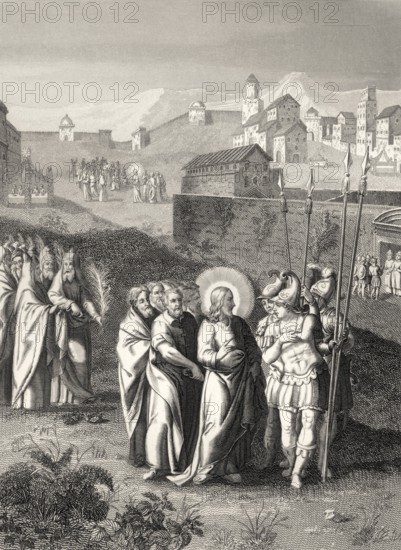 Pharisees try to trap Jesus, Is it right to pay taxes to Caesar or not, steel engraving 1853, digitally restored