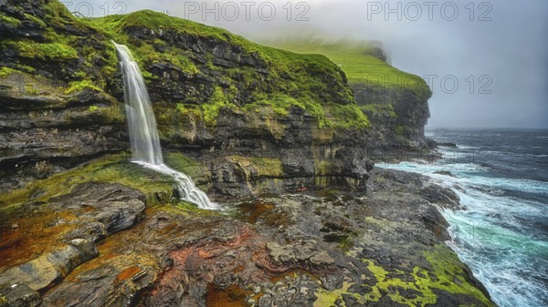 Denmark, Faroe Islands, Karlsöy, coast, small waterfall, Atlantic