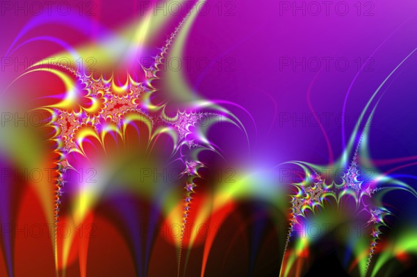A digital artwork featuring a vivid display of colorful fractals with a psychedelic blend of red, purple, and blue hues
