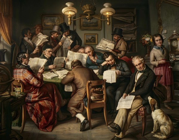 Reading rage based on a picture of Amato around 1850, historical illustration, digitally edited, reading, literature, education, magazines, books, educational hunger, library, information