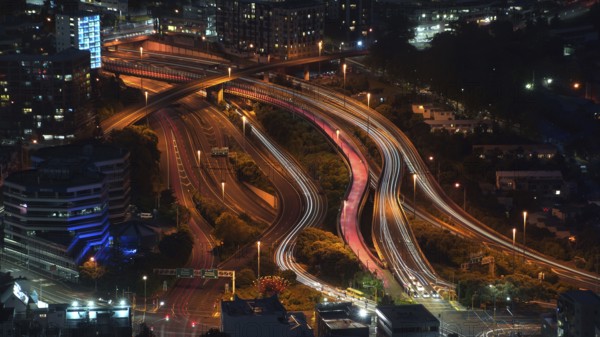 New Zealand, Auckland, parts of the city at night, illuminated roads, skyscrapers, night view, view from Skytower, roads, transport, traffic, Auckland, New Zealand