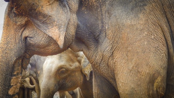 Close-up of Asian elephants (elephas maximus) standing together in a natural environment, Pinnawela Elephant Orphanage, Sri Lanka