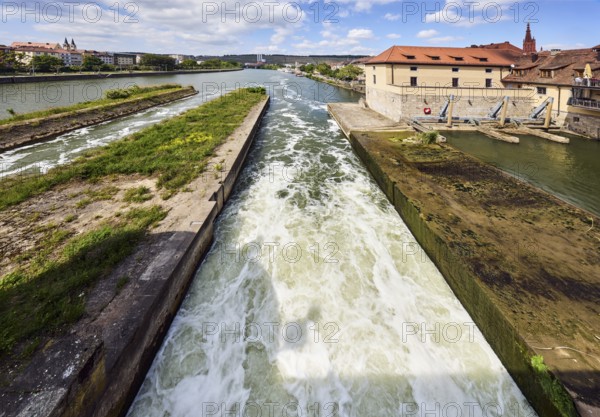 River Main, barrage, general architecture, hilly landscape, forest, total blue sky, cumulus clouds, Würzburg, Lower Franconia, district-free city, Bavaria, Germany