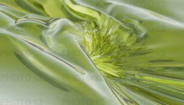 A captivating 3D render illustrating an abstract green liquid texture, featuring smooth, flowing curves. The design creates a sense of fluidity and movement