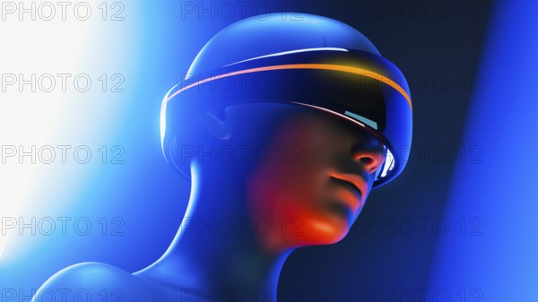 A humanoid wearing virtual goggles experiences an augmented world filled with artificial intelligence and futuristic elements under vibrant lighting