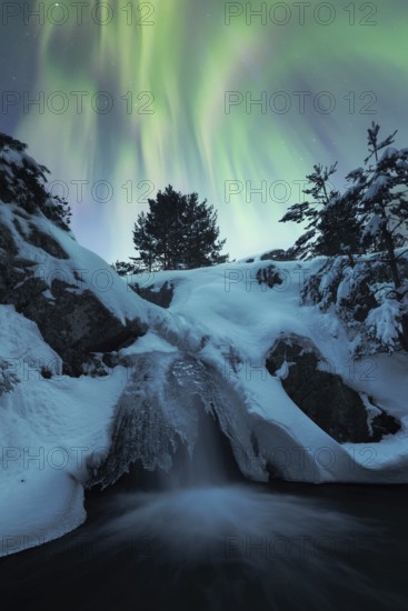The serene beauty of the northern lights arching through a starry sky above a snow-covered landscape and a cascading river. Winter pines peek through the icy terrain under the celestial display