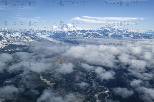 Mt Foraker and Mt Denali or Mount McKinley, aerial view, Alaska Range, Denali National Park, Alaska, USA