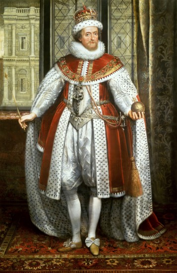 James VI and I, James Charles Stuart, 1566 – 1625, King of England, Scotland and Ireland, digitally edited after a painting by Paul van Somer, 1620