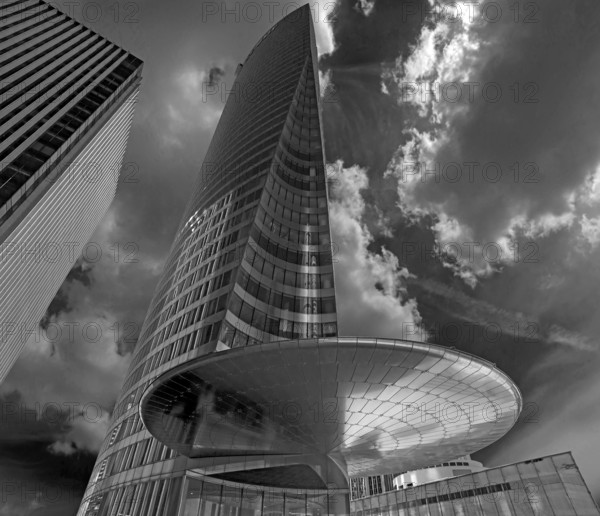 Modern office building, La Défence, the New High City District, the largest office district in Europe, black and white, Paris, France