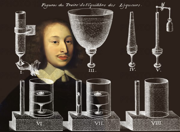 Portrait of Blaise Pascal with a page of Traitez de l'equilibre des liqueurs, et de la pesanteur de la masse de l'air, 1663