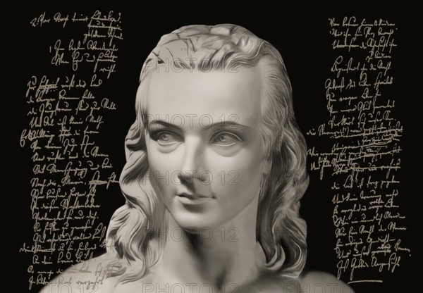 Portrait of Georg Philipp Friedrich Freiherr von Hardenberg, pseudonym and pen name Novalis, 1772 - 1801, German poet of Early German Romanticism, digitally edited after a bust at his grave, Hymns to the Night (Hymnen an die Nacht) written by Novalis